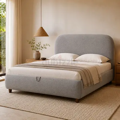 Gray boucle round silhouette thick super king bed