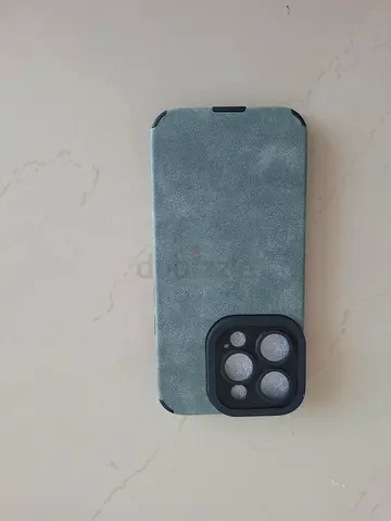 iPhone Pro 14 suede flip case with oversized camera protector