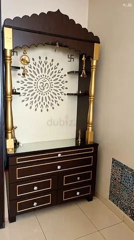 Wooden Pooja Mandir with Drawers and Brass Accents - Dark Brown