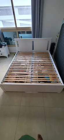 Ikea queen size bed frame with 4 draws, 1 year old and glass shelf