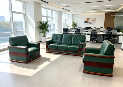 Green Leather 3-Seater Sofa with Two Matching Armchairs - Solid Wood Trim