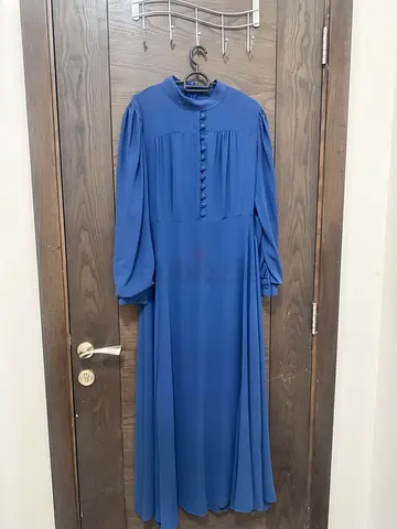 Blue modest long dress with buttoned front — excellent condition