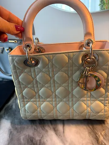 Lady Dior - Light pink, sky blue quilted leather tote handbag with charm (small) - gently used