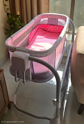 Baby bedside bassinet/crib in pink — sturdy frame, good condition