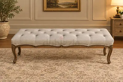 Pottery barn Tufted Upholstered Bench / Ottoman with Wooden Carved Legs