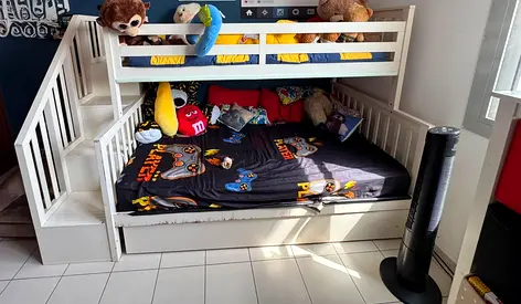 White wooden bunk bed with stairs and under-bed drawer (trundle )— good condition
