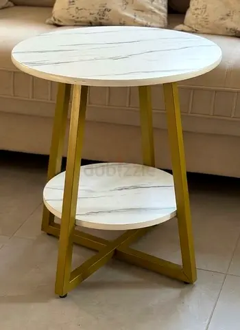 Round Marble-Effect Side Table with Gold Frame
