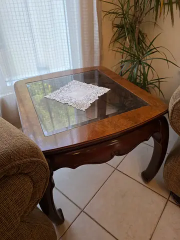 Wooden glass-top side table / coffee table in good condition ( 1 big center table and 2 small table)