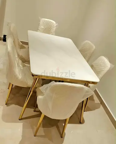 White Marble-Top Dining Table with 6 Quilted Chairs (Like New)