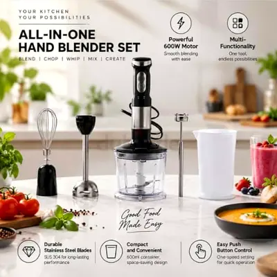 Russell Hobbs All-in-One Hand Blender Set - 500W with Chopper, Whisk & Beaker