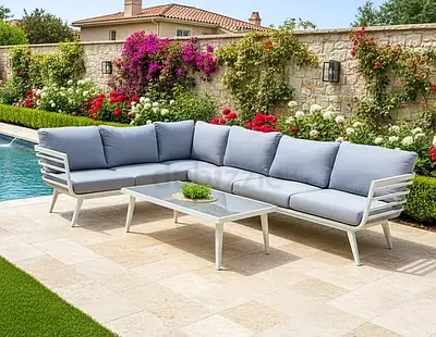 Outdoor L-shaped Corner Aluminum Garden Sofa Set with Coffee Table- Light Grey Cushions
