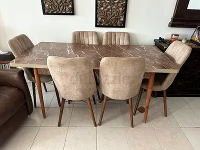Mid-century Marble Top Dining Table with 6 Chairs (Very good condition)