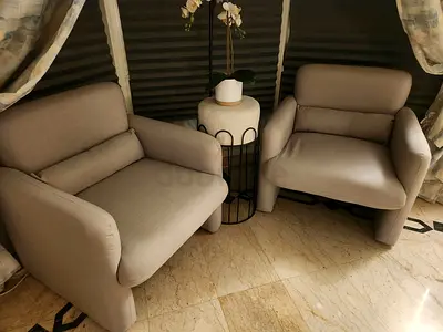 Pair of modern beige upholstered armchairs - excellent condition