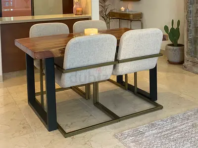 4 Upholstered Dining Chairs with Metal gold Legs