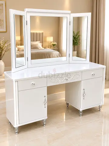 White Vanity Dressing Table with Triple Mirror and Storage