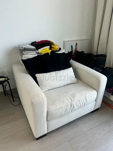 Large Single-Seat White Fabric Armchair, Good Condition