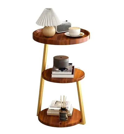 Three-tier Round Side Table with Wood Trays and Gold Frame