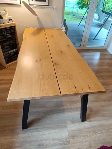 Solid oak dining table with black metal legs - seats 6
