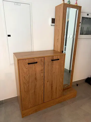 Wooden Shoe Cabinet with Full-Length Mirror - Oak Finish