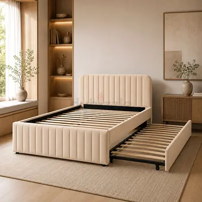 Sleek line queen velvet trundle bed