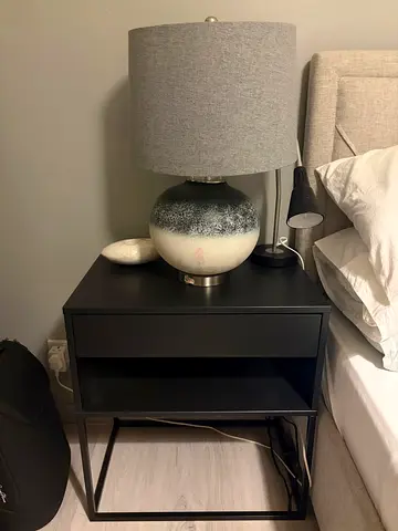 Set of 2 Modern black metal bedside table with single drawer and open shelf + LAMP