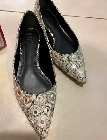 Authentic New Tory Burch Silver Embellished Pointed Toe Flats - Size US 7