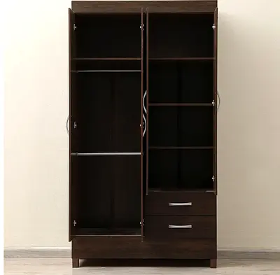 Dark Wood 2-Door Wardrobe with Shelves and Drawers - Good Condition