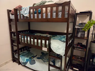 Solid Wood Triple/Triple-Deck Bunk Bed - Dark Brown, Good Used Condition