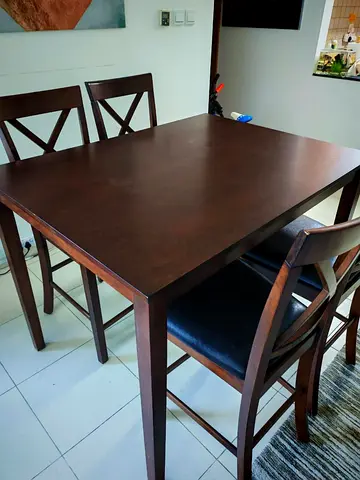 Wooden 4-Seater Dining Table with Cushioned High Chairs - Dark Brown