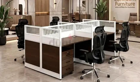 4-Seater Office Workstation Cluster with Divider Panels and Storage Drawers