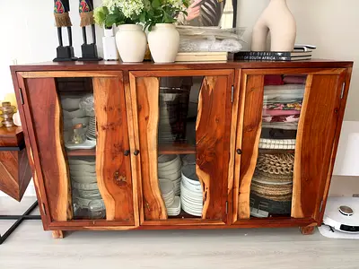 Solid Wood Glass-Front Sideboard / Display Cabinet - Rustic Finish