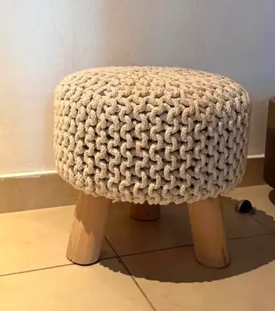 Handmade Knitted Round stool with Wooden Legs