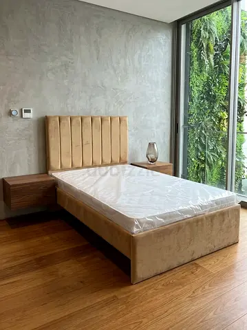 New Wooden Valvet Fabric Design Double Bed With Mattress For Sale