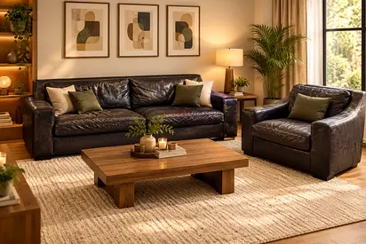 Real Brown Leather Sofa and Armchair