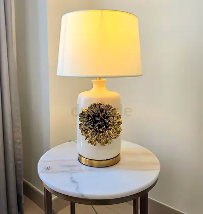 Table Lamp - White Marble Golden Flower Finish - Like New