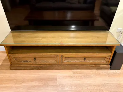 Solid wood TV cabinet/stand with glass top and storage drawers