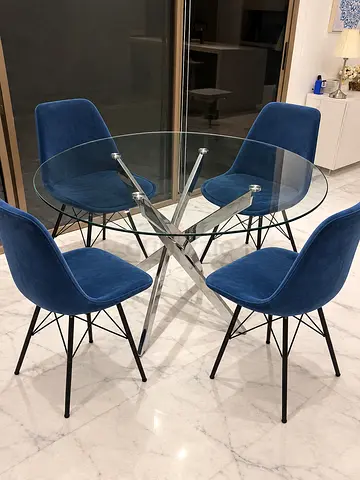 Glass round table with Blue velvet dining/side chair with metal legs
