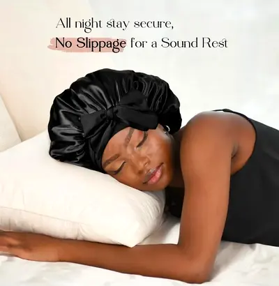 Black Satin Sleep Bonnet with Bow - Anti-Slip Nightcap FOR SELL IN BULK