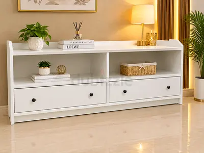 White TV Console / Media Unit with 2 Drawers and Open Shelves