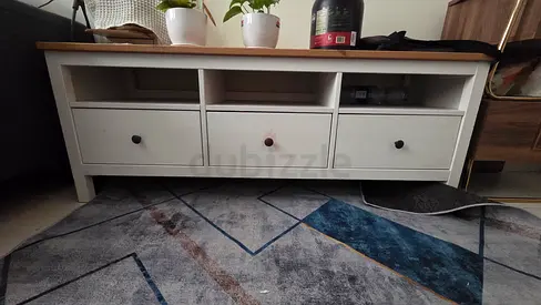 White Wooden TV Unit / Low Cabinet with 3 Drawers - Good Condition