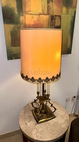 Antique Brass Table Lamp, 4 Candle Arms, Silk Shade with Trim