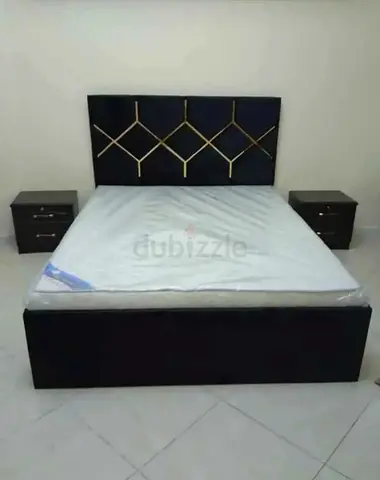 Queen bed frame with headboard and two bedside tables - dark finish