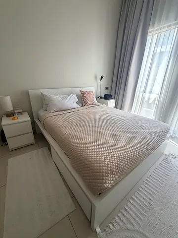 White Queen Bed Frame with Headboard and Matching Nightstand - Good Condition