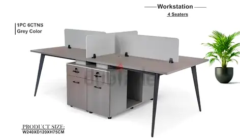 Modern 4-Seater Office Workstation Desk with Storage Cabinets - Grey