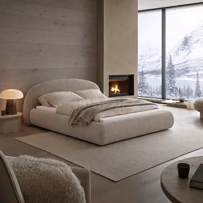 Low-profile upholstered king bed with curved headboard - beige