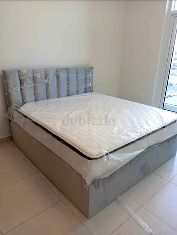 King Size Fabric Wood Bed With Spring Mattress Pillow Top
