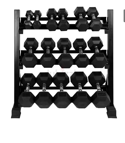 Hex Rubber Dumbbell Set with 3-Tier Rack (2.5 to 20 kg total 8 pair )