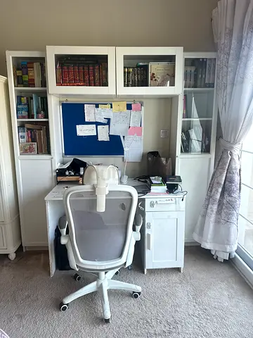 White wooden study desk with hutch and storage - good condition