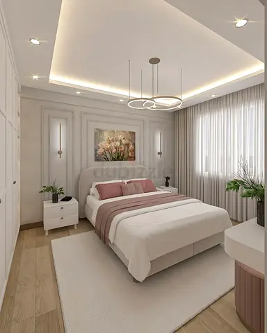 Queen bed with bedside tables and large neutral rug - complete bedroom set