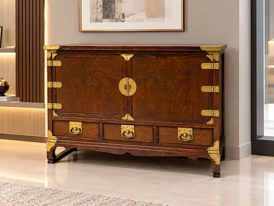 Antique-style Solid Wood Cabinet with Brass Hardware - 2-Door, 3-Drawer